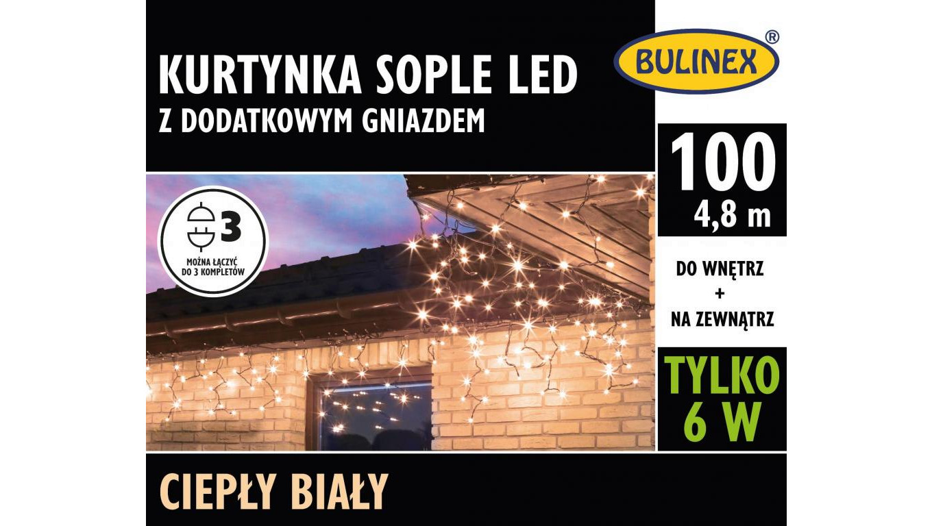 Lampki Bulinex 100led białe ciepłe 4,80m kurtyna sople