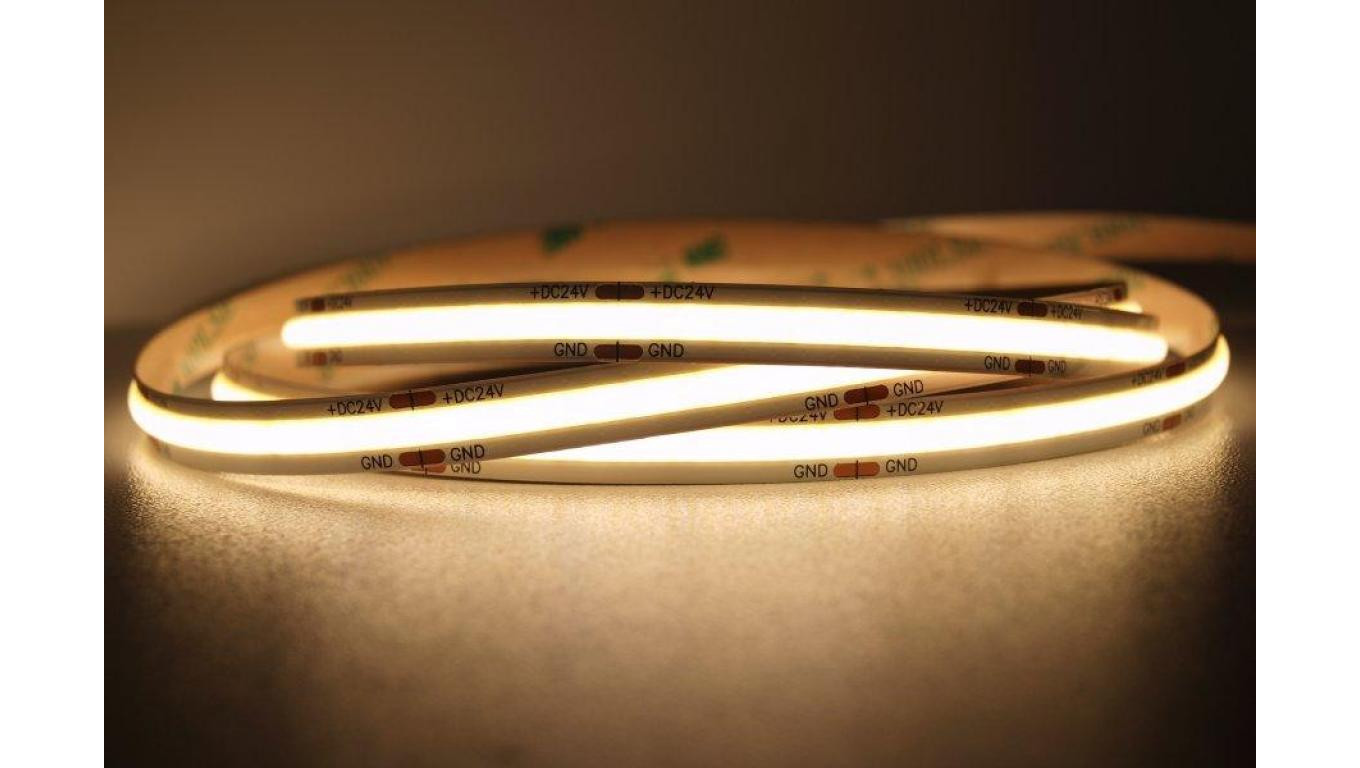 UQS-COB-8W-WW-24V-5m Profesjonalna Taśma LED typu COB, 8W 320 chips/m, CRI 90, 24V, biala ciepla 3000K, IP20, 5m