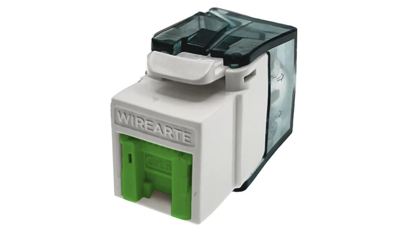 Moduł keystone z wbudowaną identyfikacją LED RJ45 UTP kat.6A nieekranowany beznarzędziowy zielona klapka zabezpieczająca WireArt