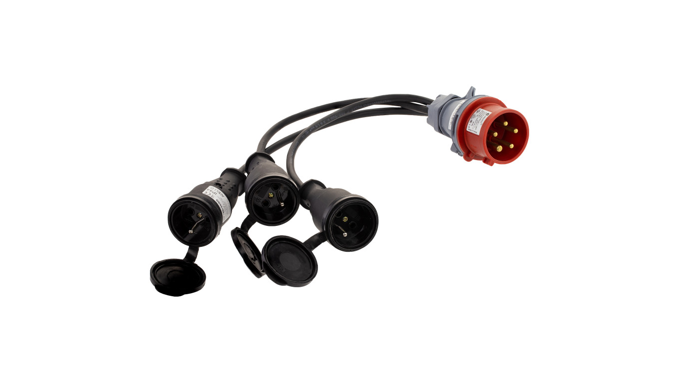Adapter siłowy wtyk 16A 5P / 3x gniazdo 2P+Z 16A 230V IP44 na kablu OW 3x1,5mm2 0,5m