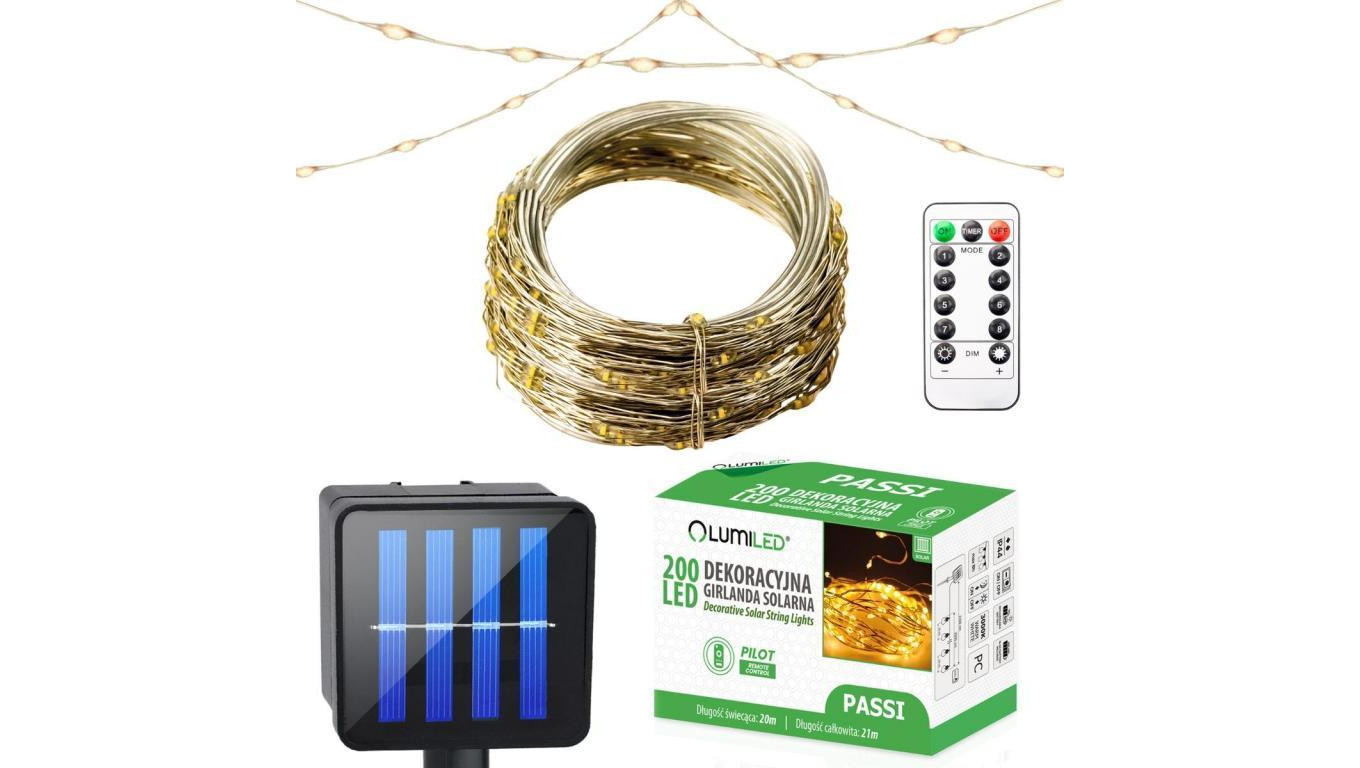 Girlanda Solarna Ogrodowa 200x LED Ozdobna 21m Ciepła 3000K + Pilot PASSI LUMILED