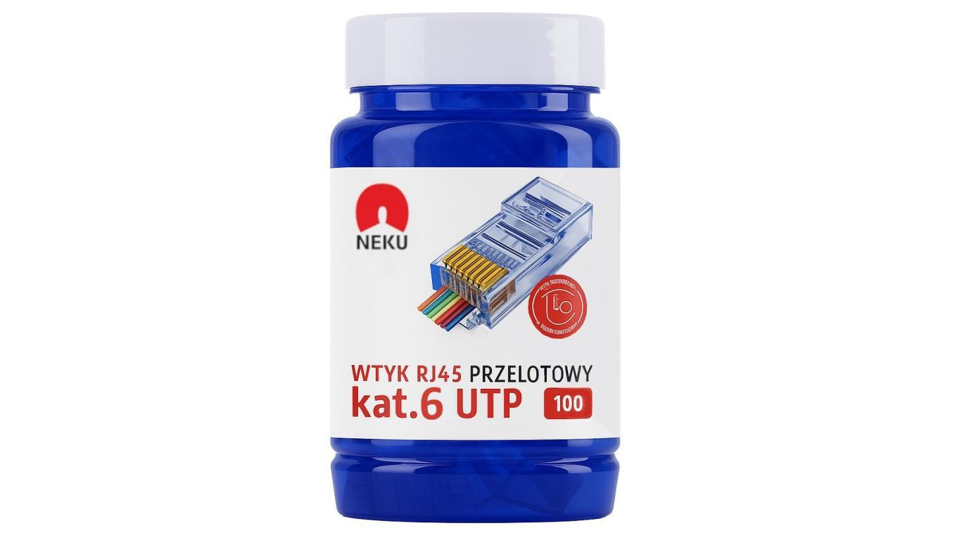 Wtyk modularny RJ45 8P8C kat.6 nieekranowany UTP uniwersalny drut linka przelotowy niebieski NEKU opakowanie SŁOIK 100szt.