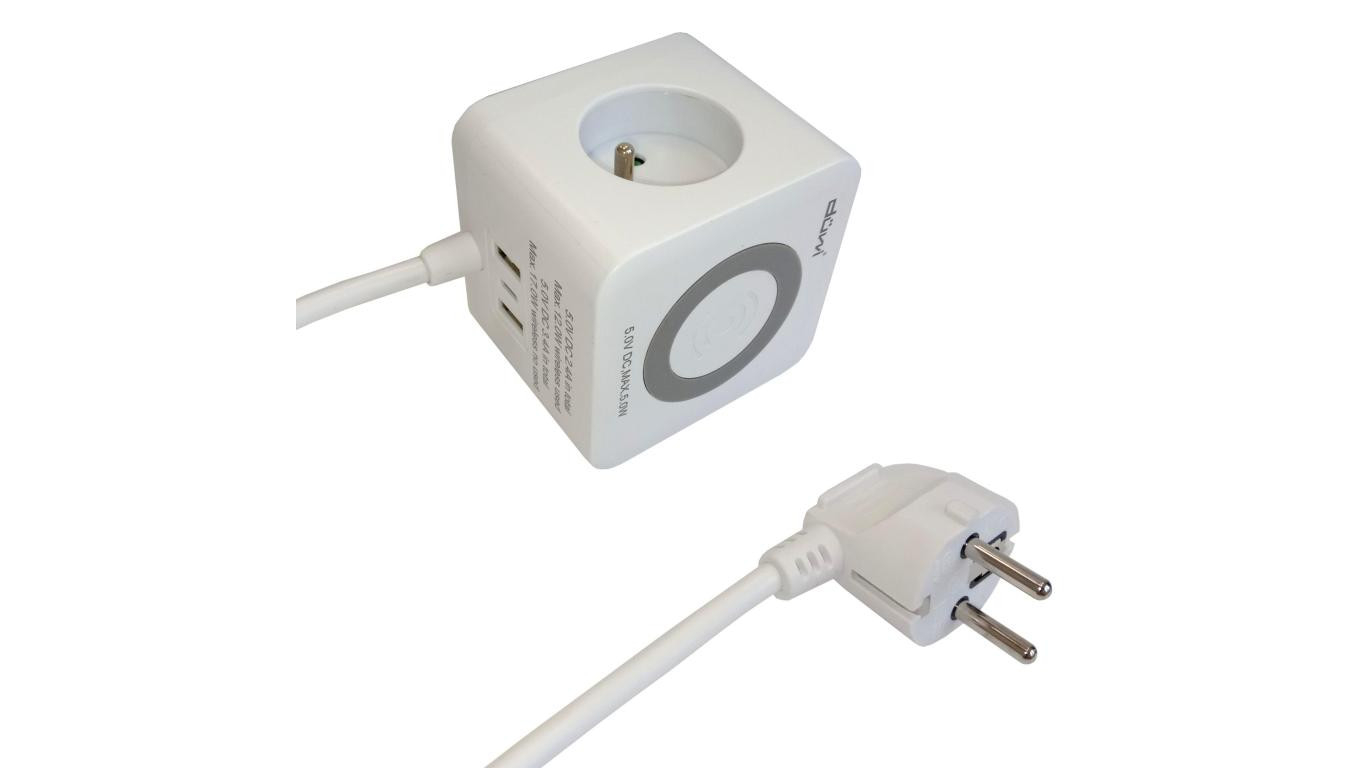 Przedłużacz 3-gniazdowy, +2xUSB-A+1xUSB-C, z ładow. indukcyjnym, 1,4m, biały, 3x1,0mm OWY / 34100