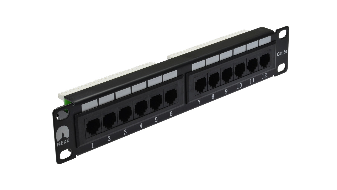 Patch panel RACK 10 cali 1U kat.5e 12p UTP czarny NEKU