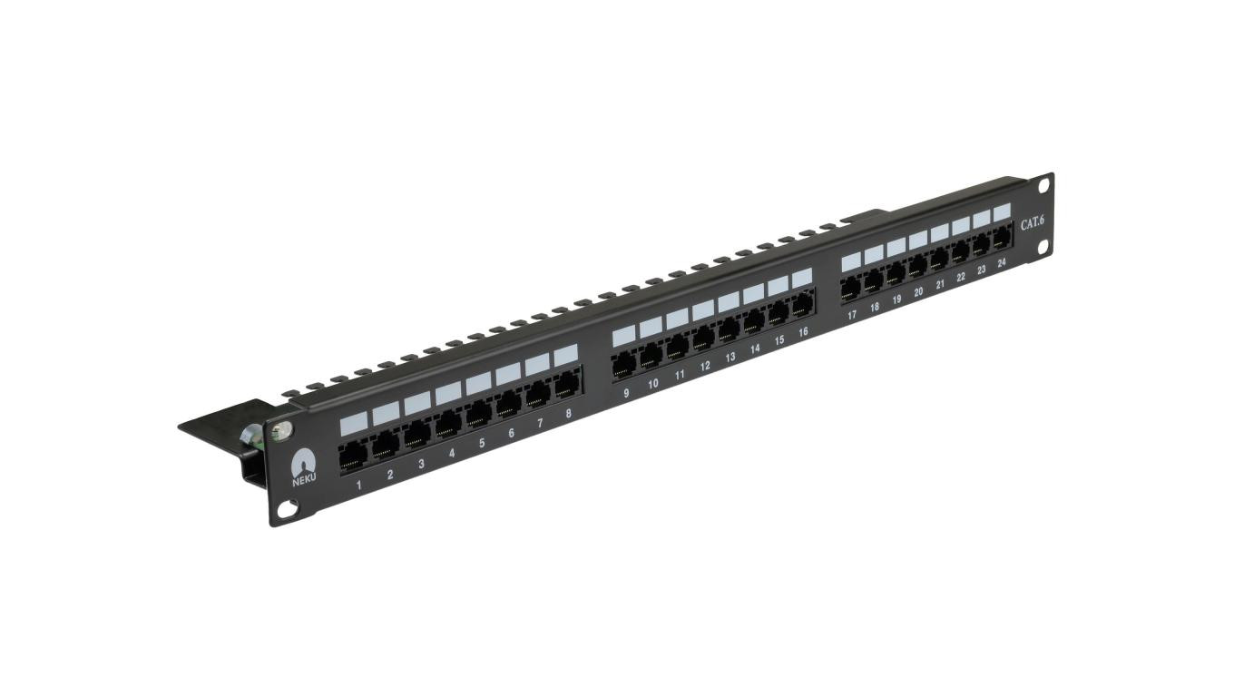 Patch panel RACK 19 kat.6 24p UTP z półką 1U czarny NEKU