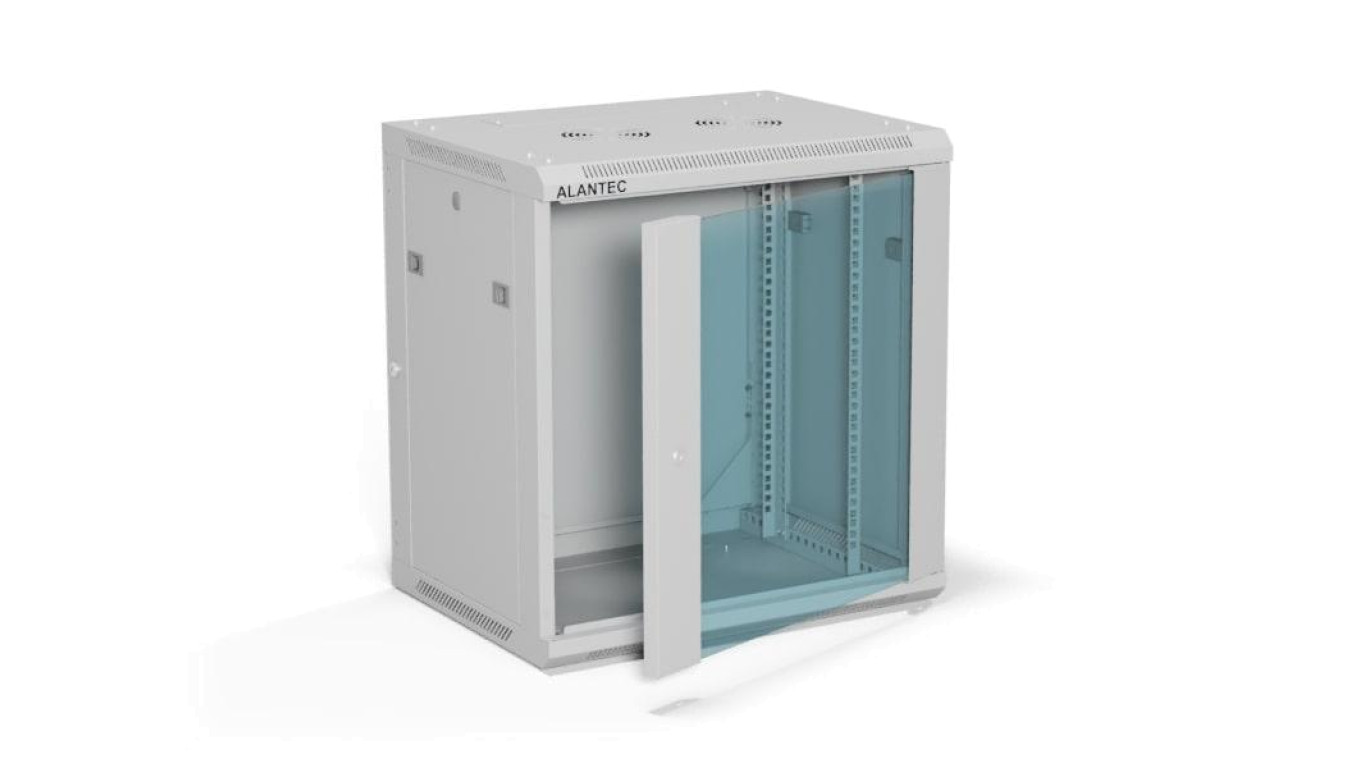 Szafa rack wisząca 19 cali 12U 600x450, drzwi szklane, tył i osłony boczne demontowalne, FLAT PACK kolor szary ALANTEC