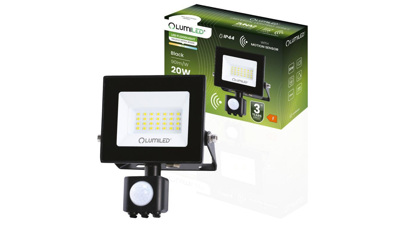 Naświetlacz LED ZUNA2 20W 1800lm 4000K IP44 Czarny Czujnik Ruchu LUMILED