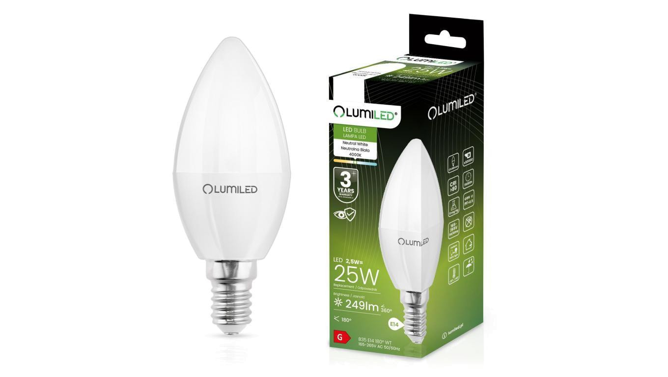Żarówka LED ŚWIECA B35 E14 2.5W = 25W 249lm 4000K Neutralna 180 Lumiled