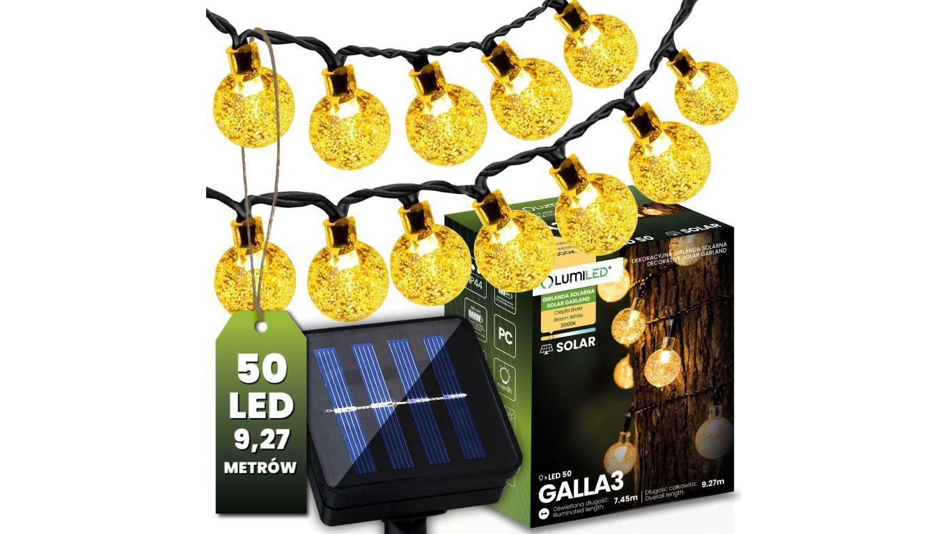 Girlanda Solarna Ogrodowa Lampki Solarne 50x Żarówka LED Kulki na Balkon 9m GALLA3 LUMILED