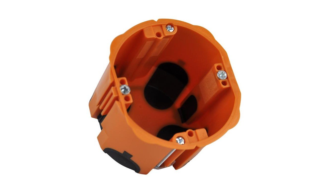 Puszka do pustych ścian PRIMEBOX, głęboka 60mm, fi74, łączeniowa, z wkrętami, wiatroszczelna, pomarańczowa, IP30, A.0101K