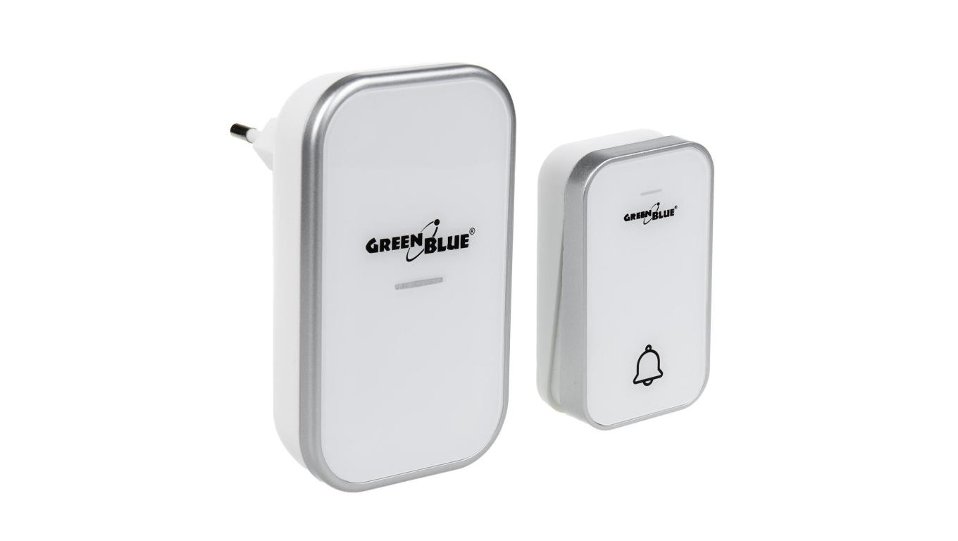 Dzwonek bezprzewodowy bezbateryjny kinetyczny GreenBlue, 38 melodii, biały, zasięg do 200m, IP44, GB157 W