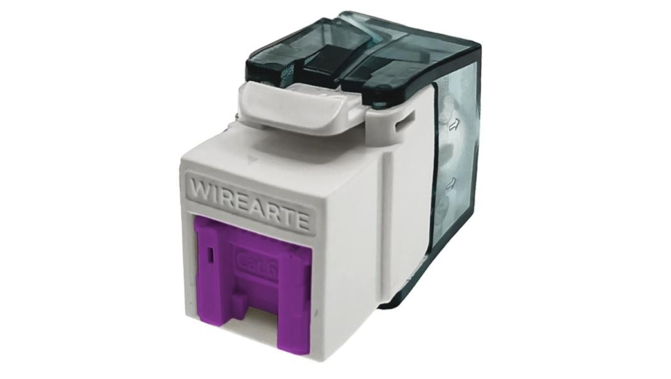 Moduł keystone z wbudowaną identyfikacją LED RJ45 UTP kat.6A nieekranowany beznarzędziowy fioletowa klapka zabezpieczająca WireA
