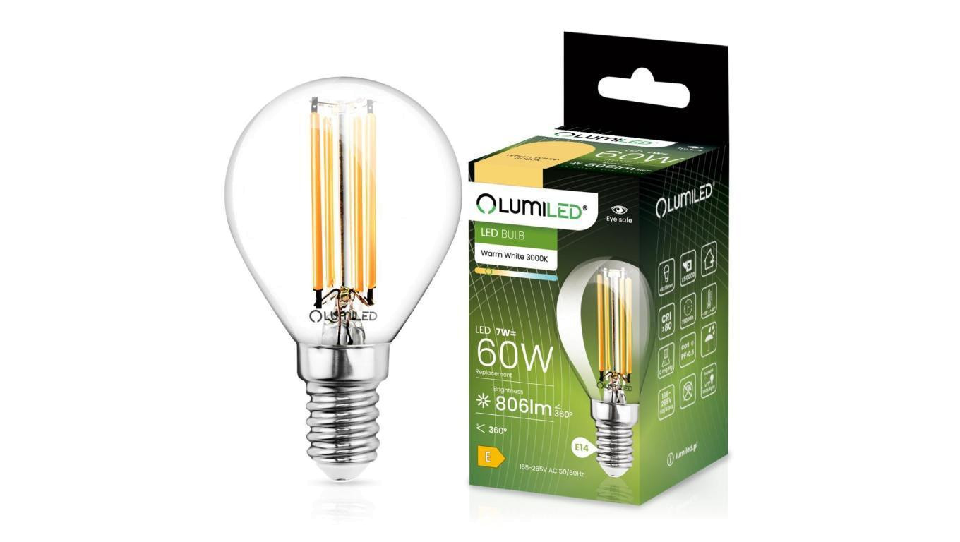 Żarówka LED E14 P45 7W = 60W 806lm 3000K Ciepła 360 Filament LUMILED