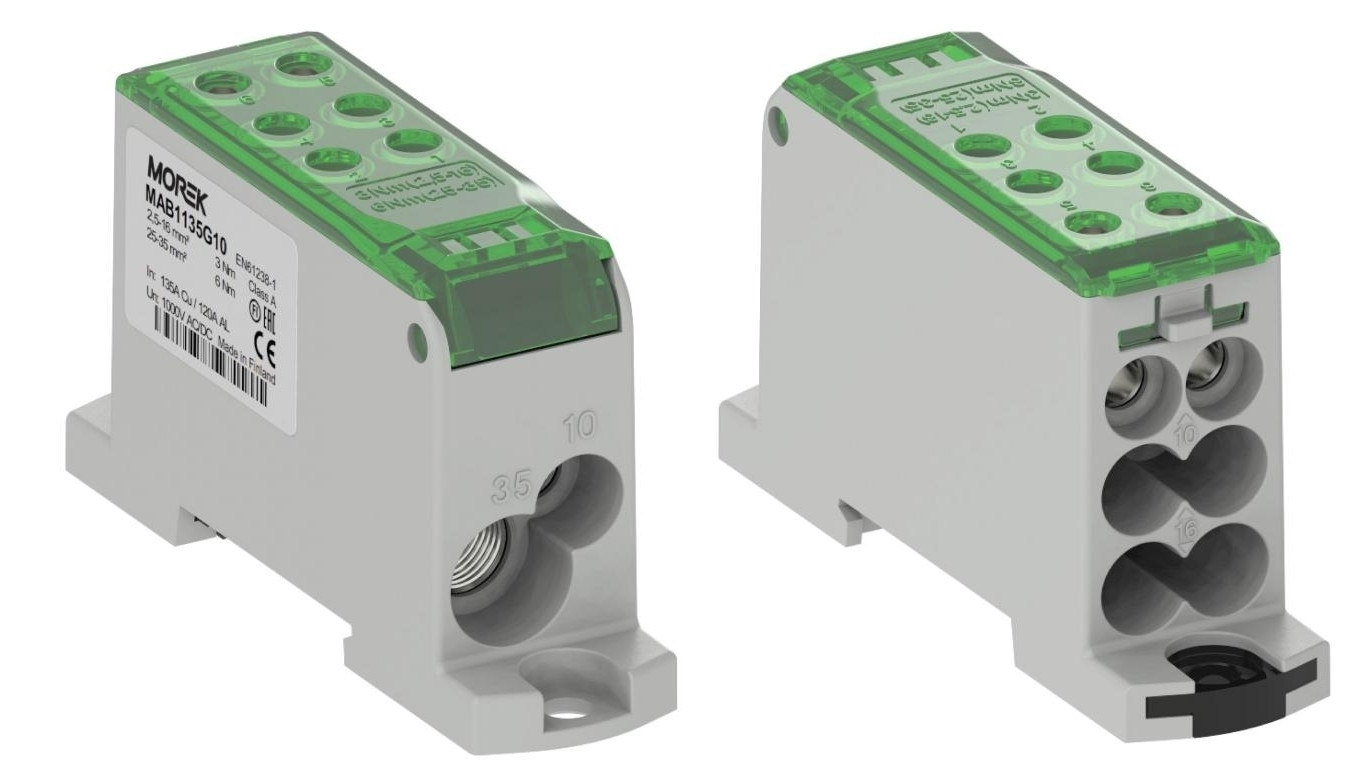 Blok dystrybucyjny - rozdzielczy OJL135A zielony AL/CU we:1x2,5-35mm2 /1x2,5-10mm2 wy: 4x2,5-16mm2/2x2,5-10mm2 1000V MAB1135G10