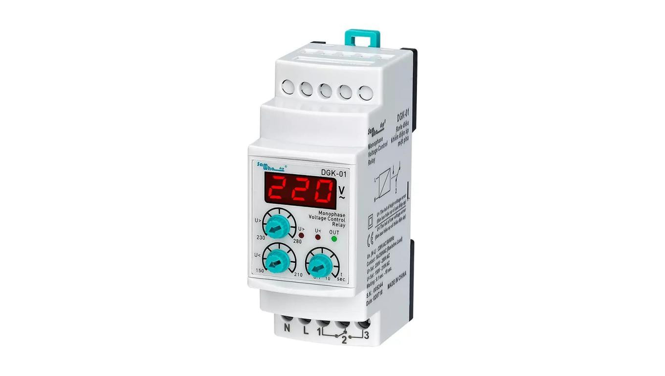 Cyfrowy przekaźnik kontroli fazy i napięcia, nastawialny próg napięcia i czasu + wyświetlacz, 1x230VAC, styk 5A/250VAC