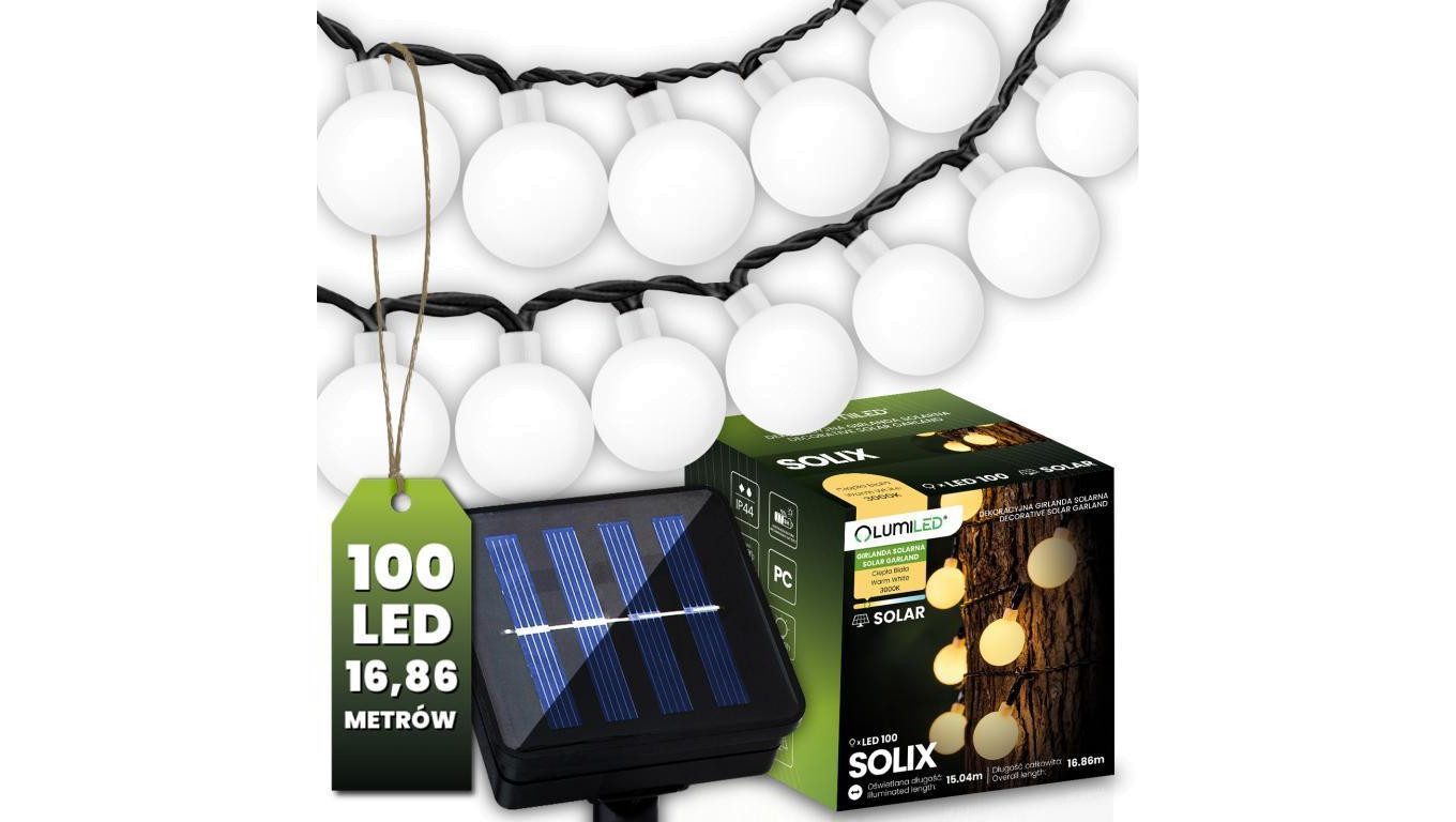 Girlanda Solarna Ogrodowa Lampki Solarne 100x Żarówka LED Ozdobne Kulki 16m 3000K SOLIX LUMILED