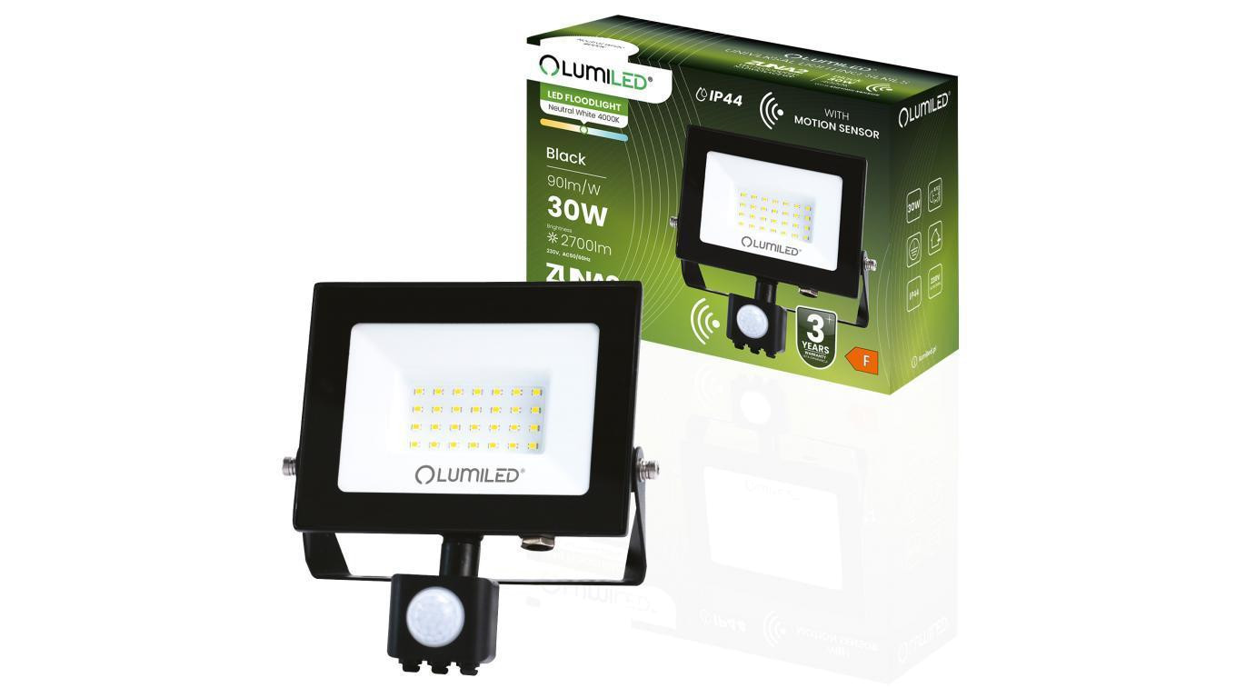 Naświetlacz LED ZUNA2 30W 2700lm 4000K IP44 Czarny Czujnik Ruchu LUMILED