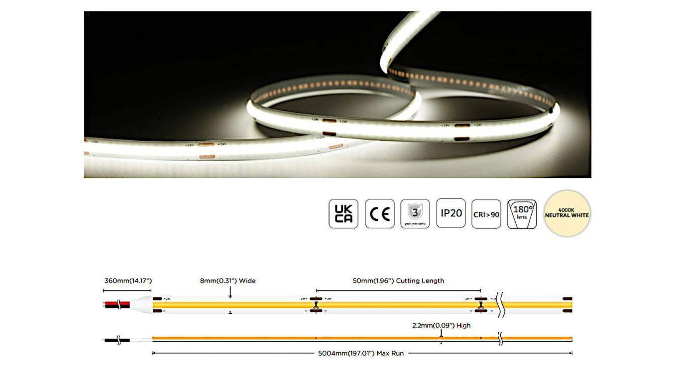 Taśma LED COB 5W/m 24V Biała Neutralna 4000K UQS-COB-5W-NW-24V-5m