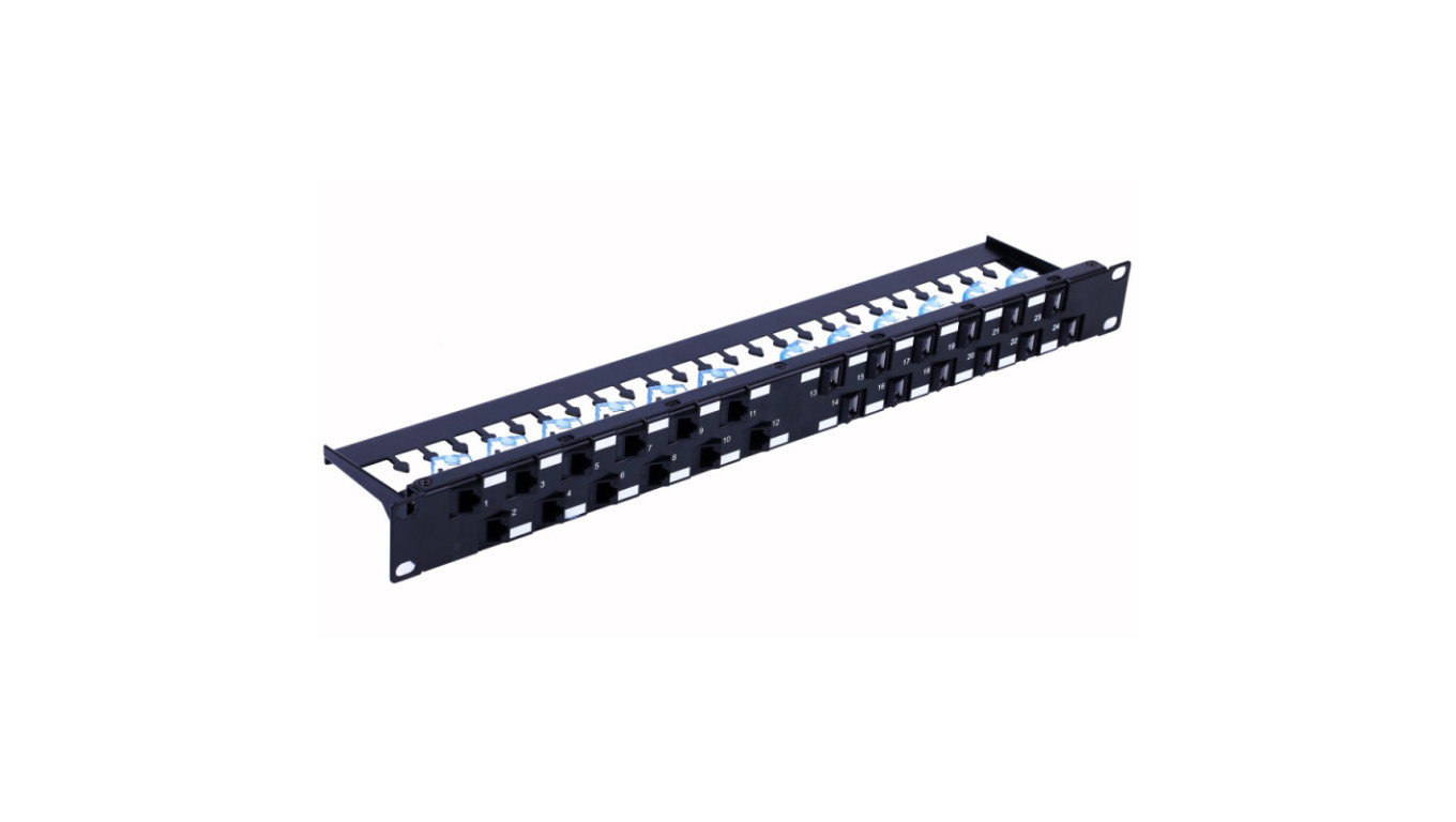 Patch panel 24x Keystone RJ45 Cat6a UTP, 1U, porty ukośne I-PP 24-RU-C6ATSL