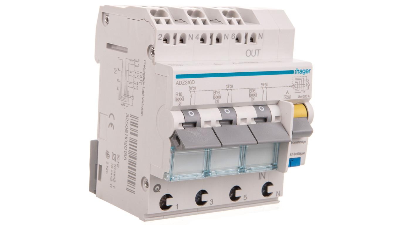 Wyłącznik różnicowo-nadprądowy RCBO 3x1P+N B16A 0,03A Typ A 6kA RCBO ADZ316D