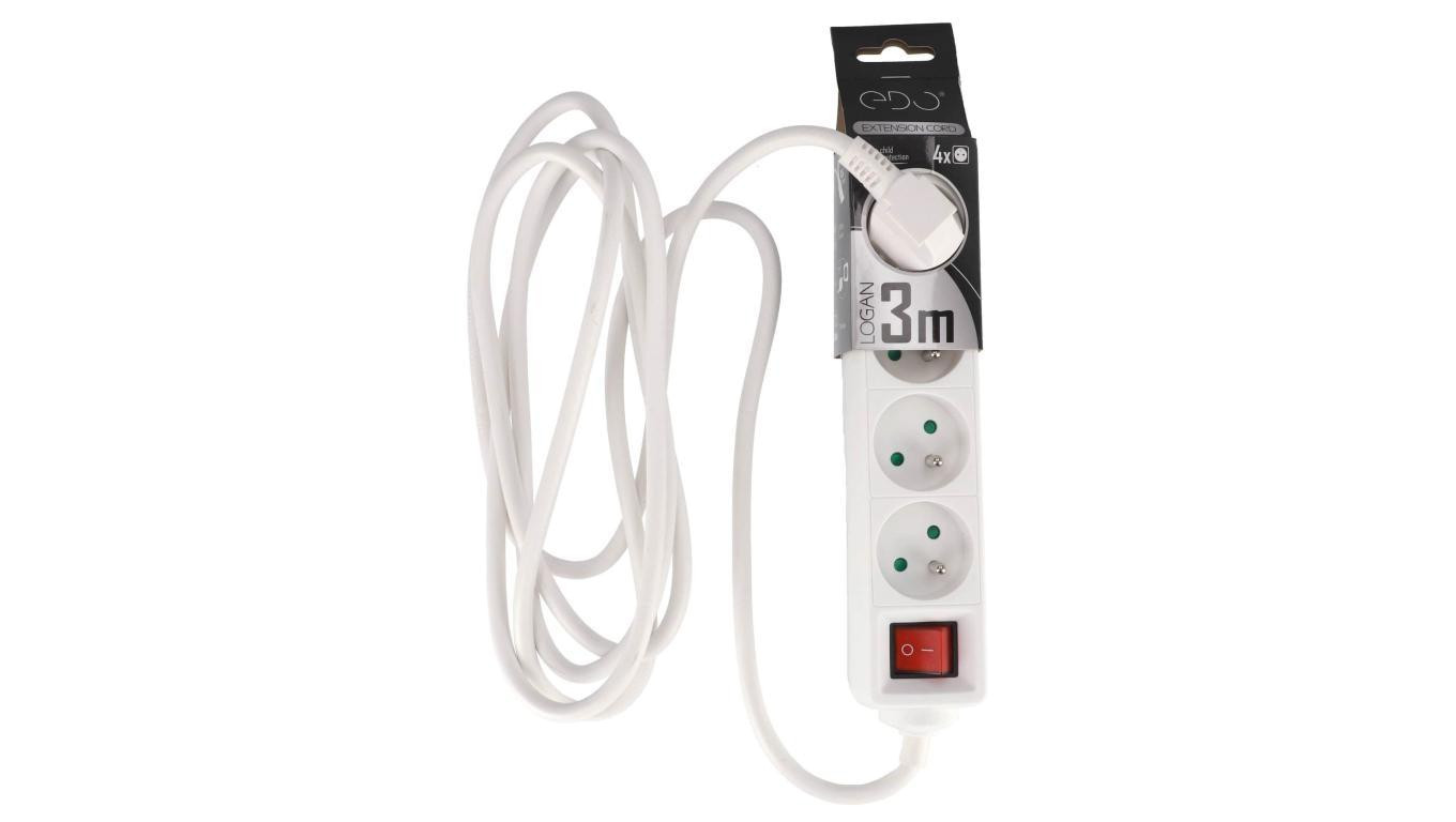 Przedłużacz domowy przenośny LOGAN White 4 - krotny z uziemieniem 3m z włącznikiem EDO777563 EDO
