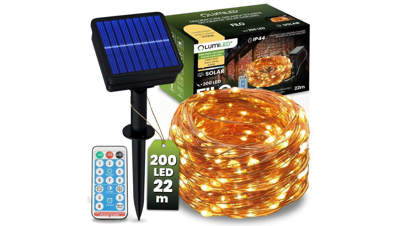 Girlanda Solarna Ogrodowa 200x LED Ozdobne Druciki 22m 2700K Ciepła + PILOT FILO LUMILED
