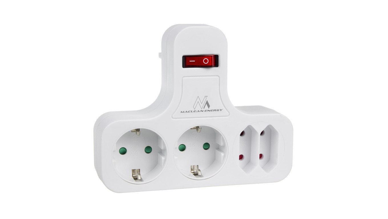 Gniazdko prądowe Maclean, Poczwórne z wyłącznikiem, Nóżką stabilizującą, Typu schuko, 2x2.5A, 2x16A, MCE224 G