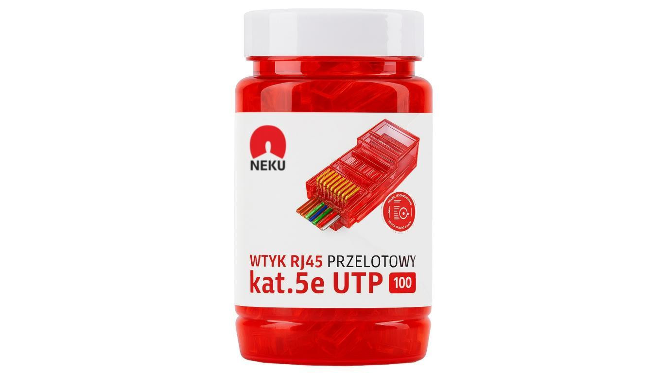 Wtyk modularny RJ45 8P8C kat.5e nieekranowany UTP uniwersalny drut linka przelotowy czerwony NEKU opakowanie SŁOIK 100szt.