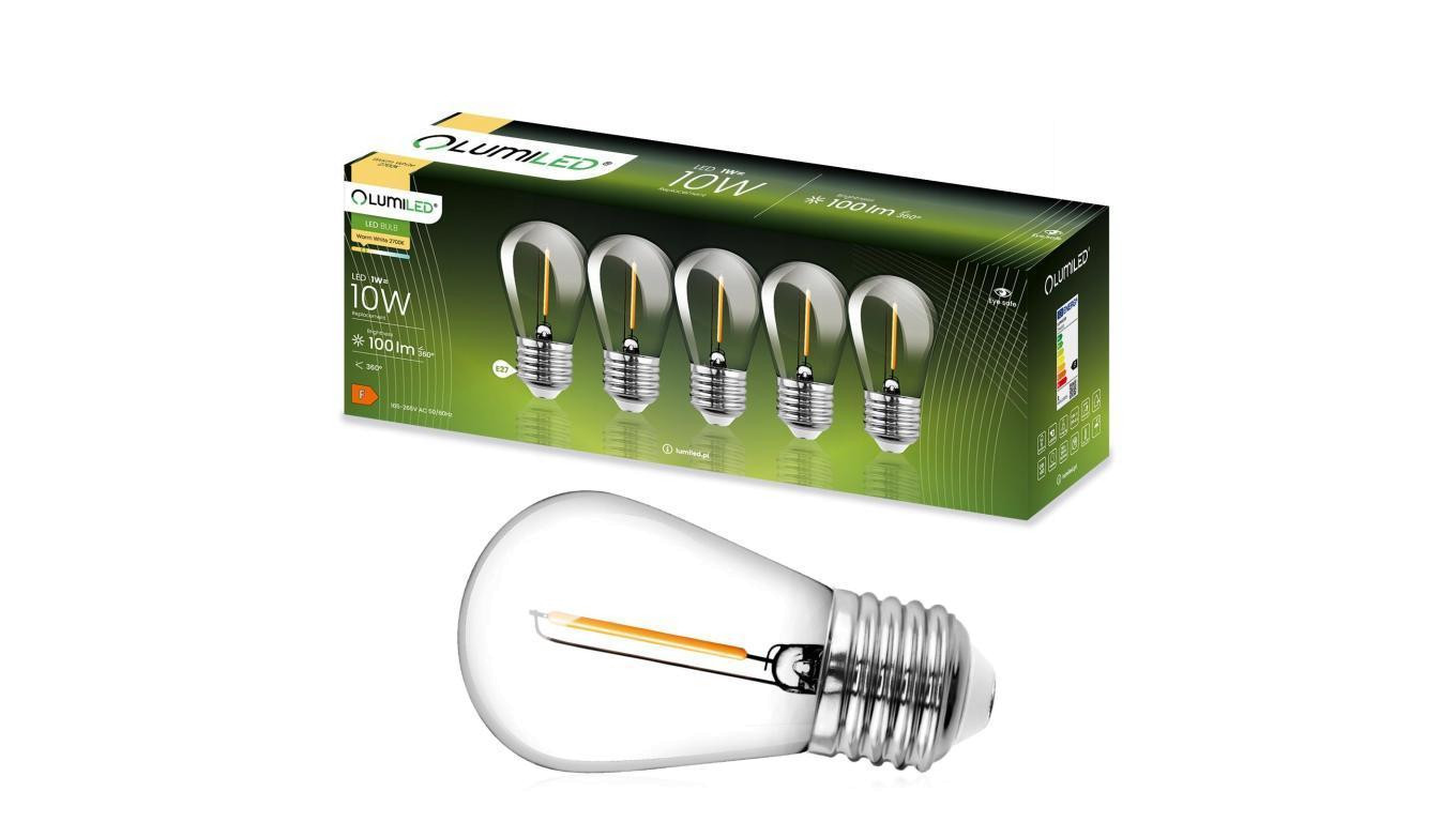 5x Żarówka LED E27 ST14 1W = 10W 2700K Ciepła 100lm Filament do Girlandy LUMILED