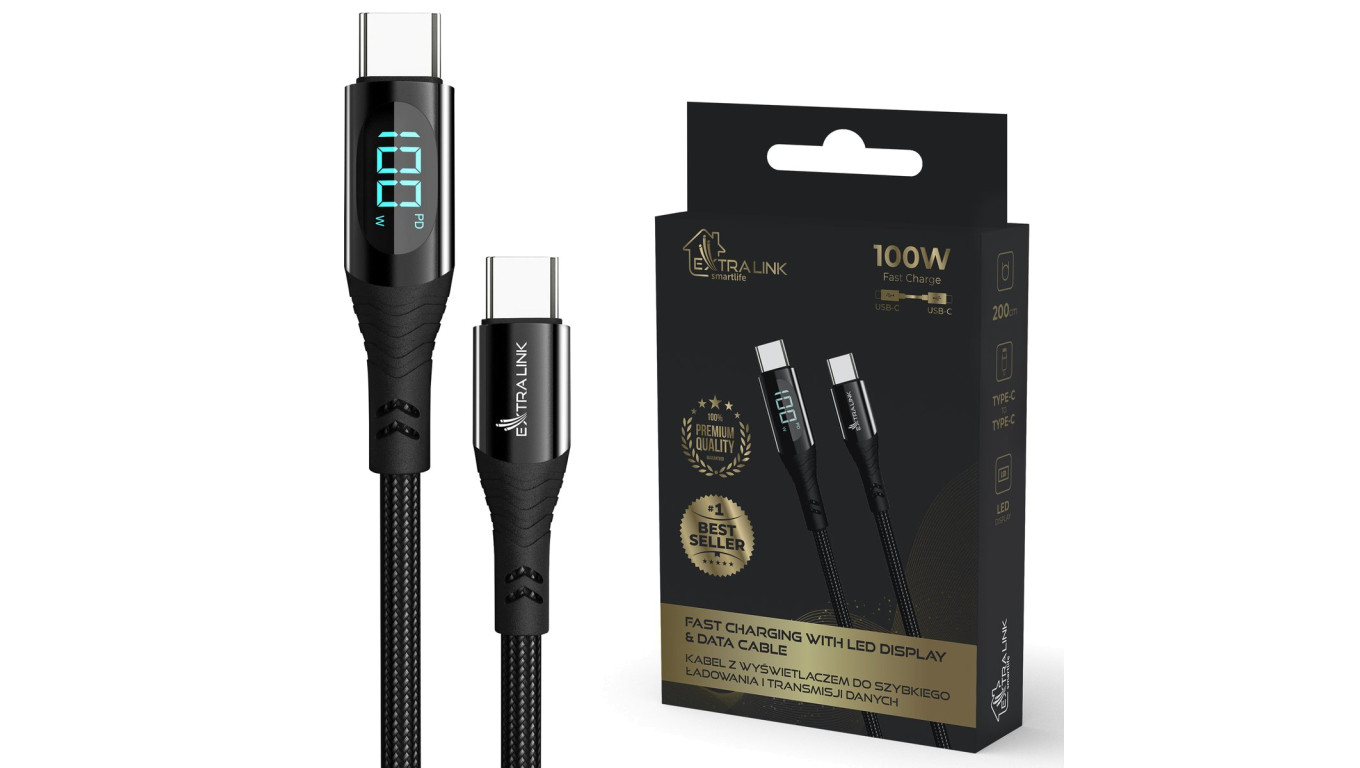 Kabel USB-C 100W, 200cm Extralink Smart Life USB Type-C to Type-C Cable Braided Czarny z wyświetlaczem LED