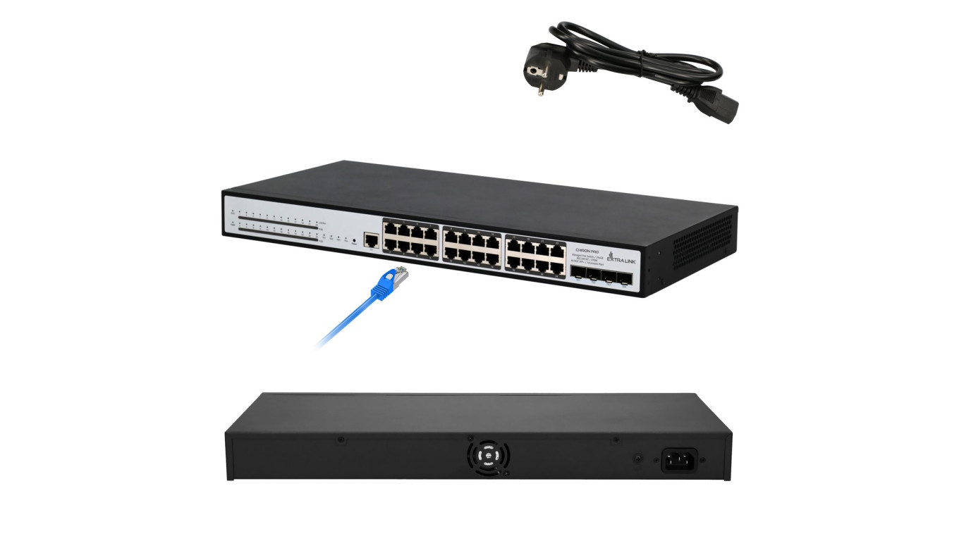 Switch PoE 24x RJ45 1000Mb/s PoE, 4x SFP+, L3, zarządzalny, 370W Extralink Chiron Pro