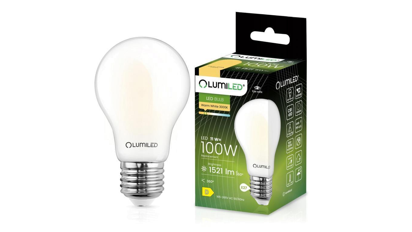 Żarówka LED E27 A60 11W 1521lm 3000K Ciepła 360 Filament Mleczna LUMILED
