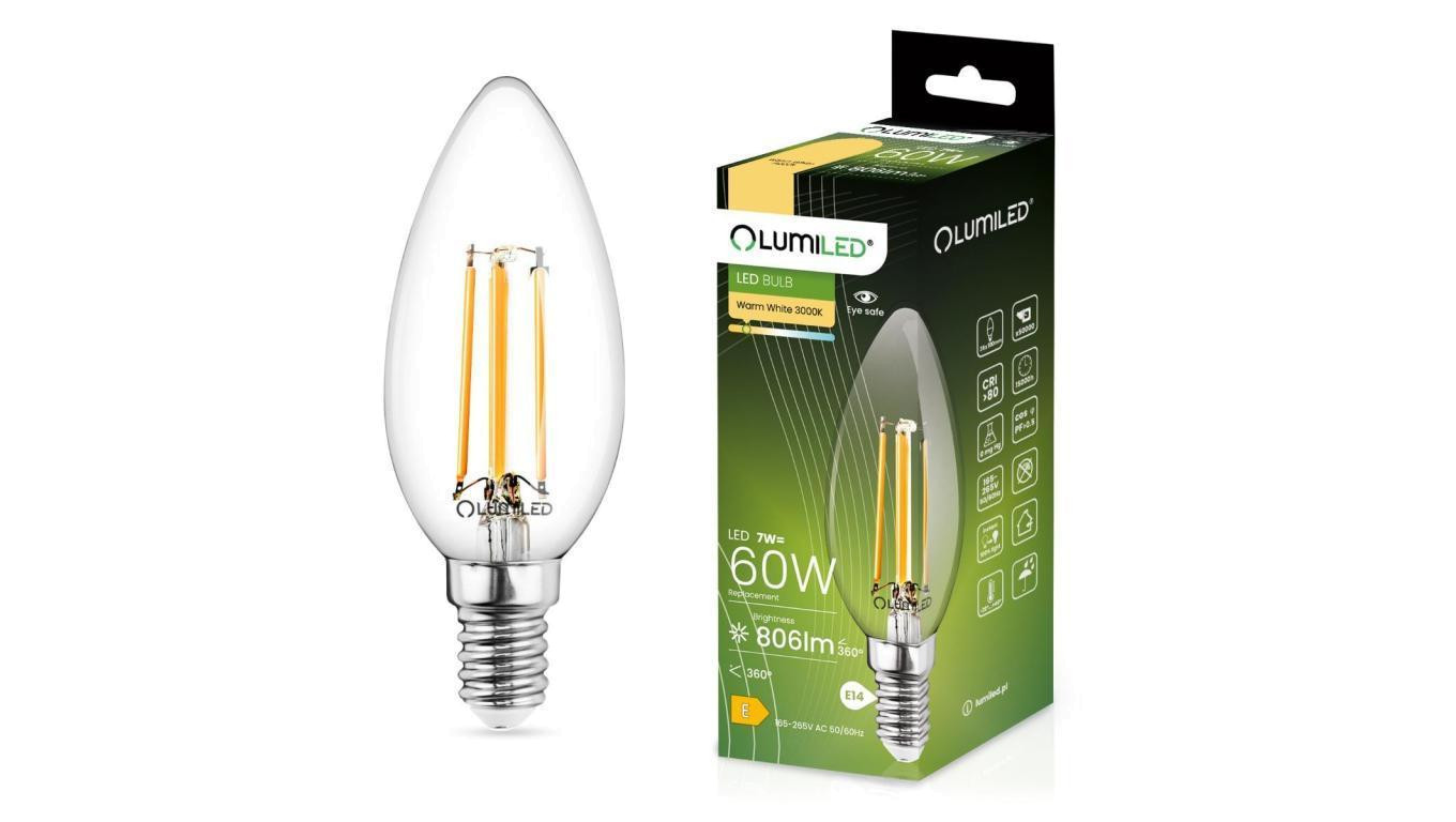 Żarówka LED E14 B35 7W = 60W 806lm 3000K Ciepła 360 Filament LUMILED