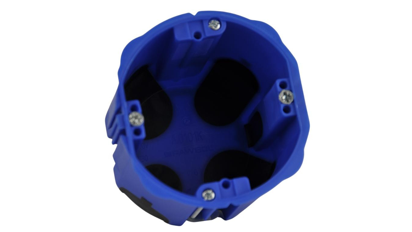 Puszka do pustych ścian PRIMEBOX, głęboka 60mm, fi74, łączeniowa, z wkrętami, wiatroszczelna, niebieska, IP30, A.0101KA