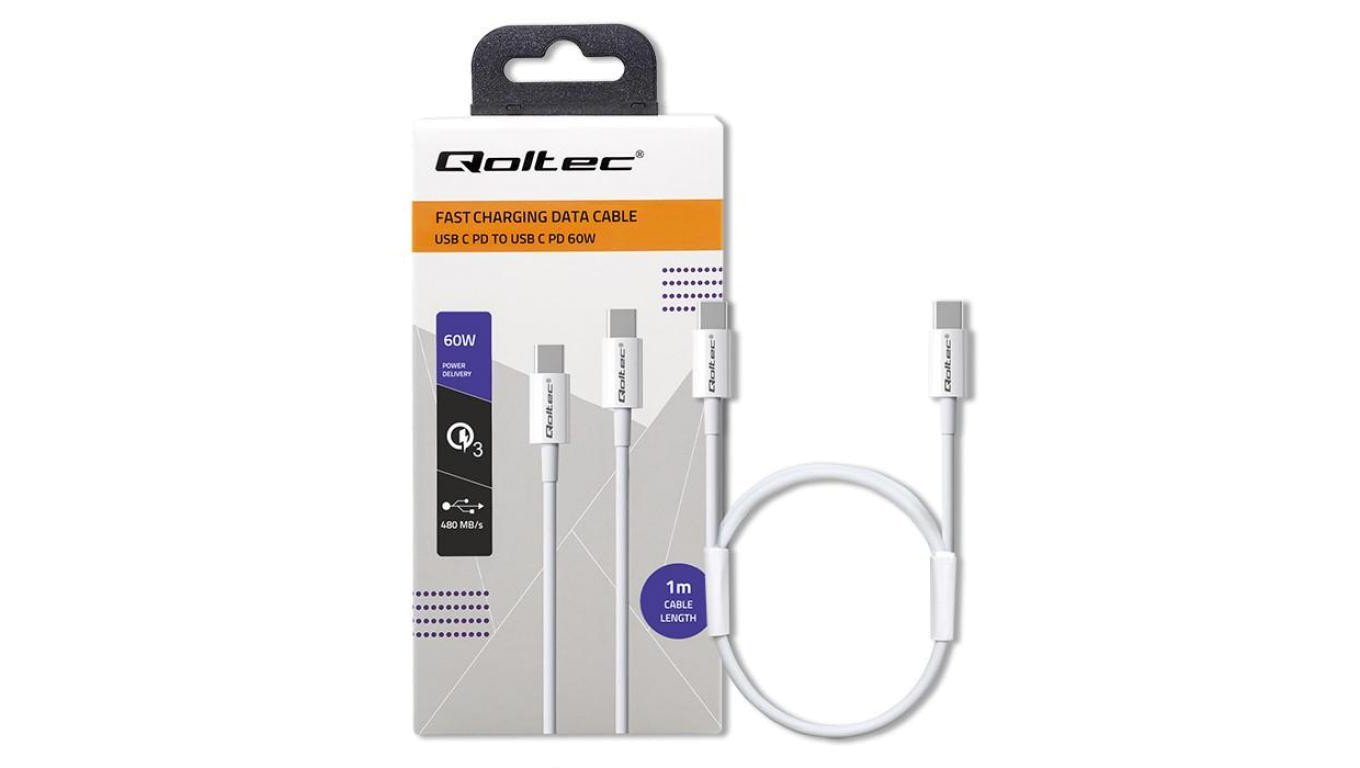Qoltec Kabel USB 2.0 typ C USB 2.0 typ C 60W QC 3.0 PD 1m Biały