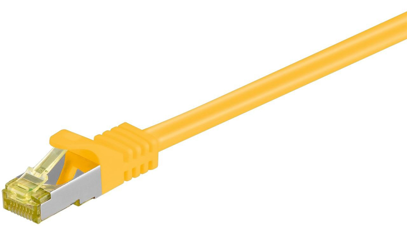 RJ45 patchkabel, CAT 6A S/FTP (PiMF), 500 MHz z CAT 7 kable surowym, Żółty - Długość kabla 0.25 m