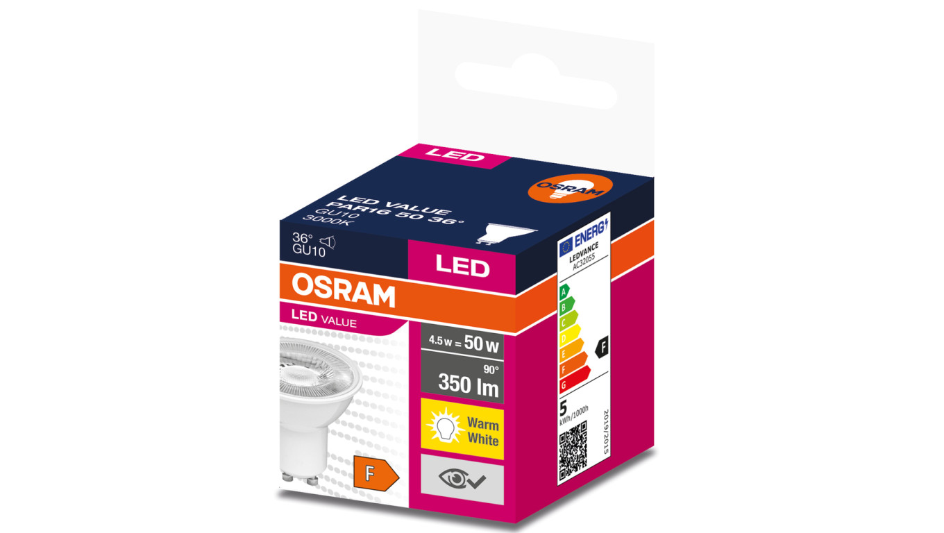 Żarówka LED VALUE PAR16 50 GU10 4,5W 350lm 3000K 830 36st. 4058075598645