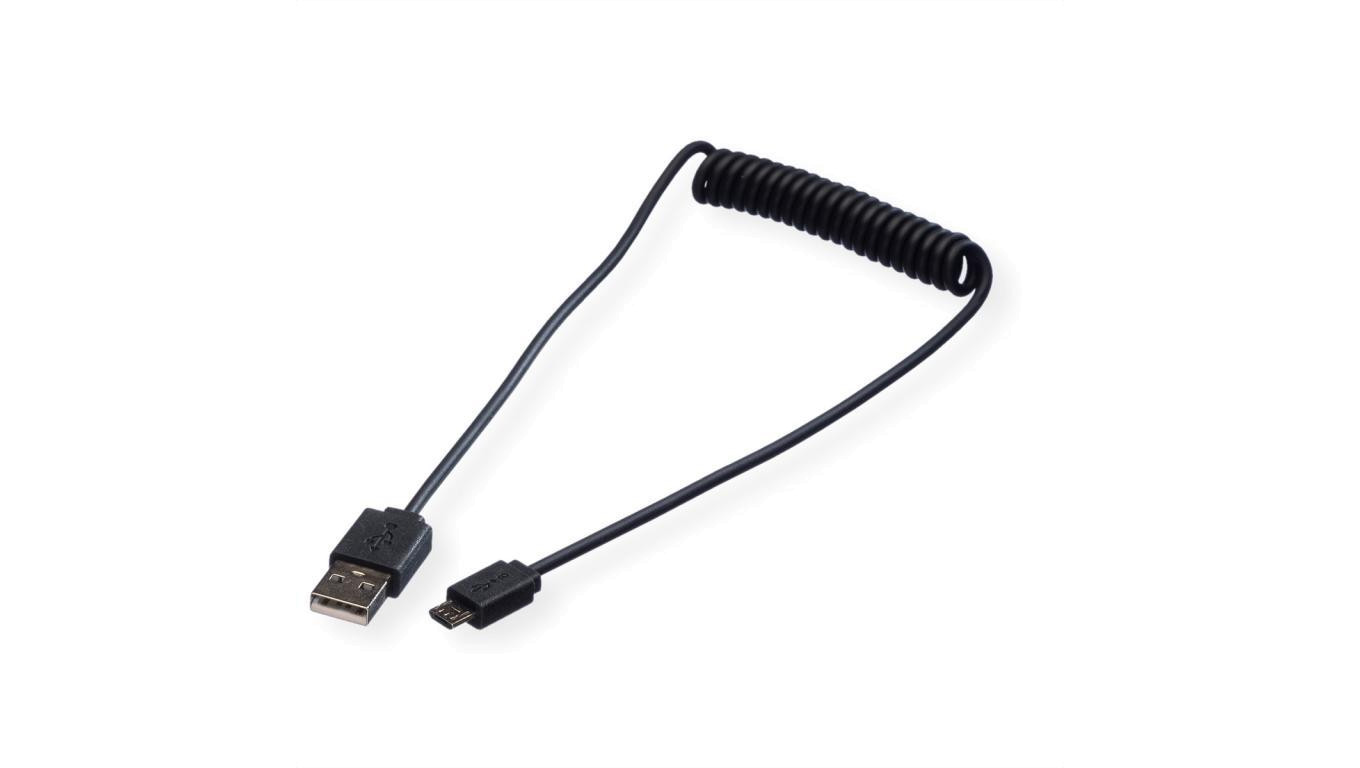 ROLINE USB 2.0 Spiraalkabel, A męski - Micro B męski, 1 m