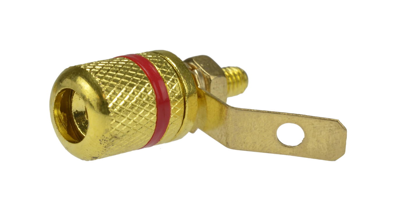 Gniazdo głośnikowe typu BANAN skręcane do obudowy pozłacane czerwone