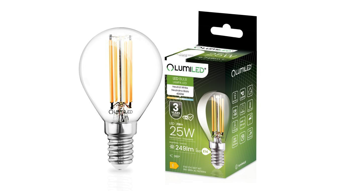 Żarówka LED E14 Kulka P45 2W = 25W 249lm 4000K Neutralna 360 FILAMENT LUMILED
