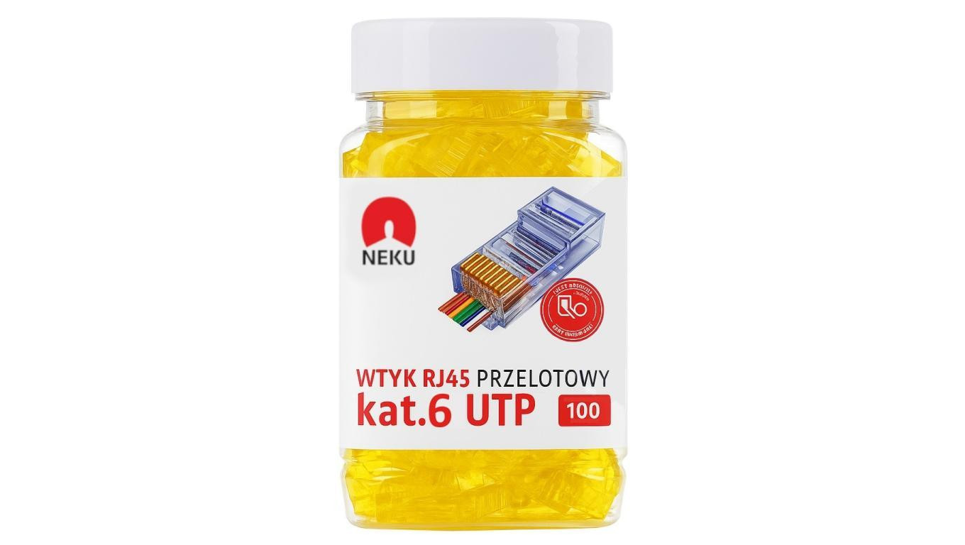 Wtyk modularny RJ45 8P8C kat.6 nieekranowany UTP uniwersalny drut linka przelotowy żółty NEKU opakowanie SŁOIK 100szt.