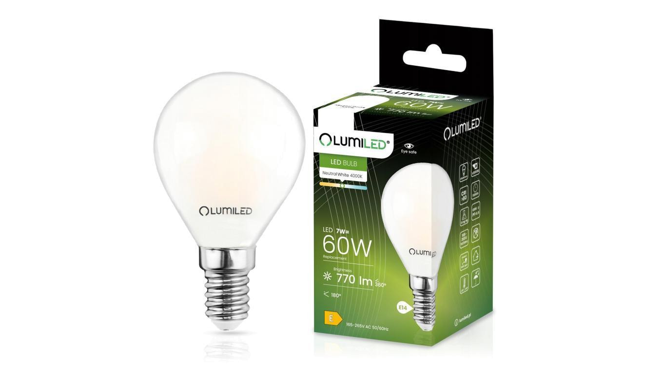Żarówka LED P45 E14 7W = 60W 770lm 4000K Neutralna 360 Filament Mleczna LUMILED