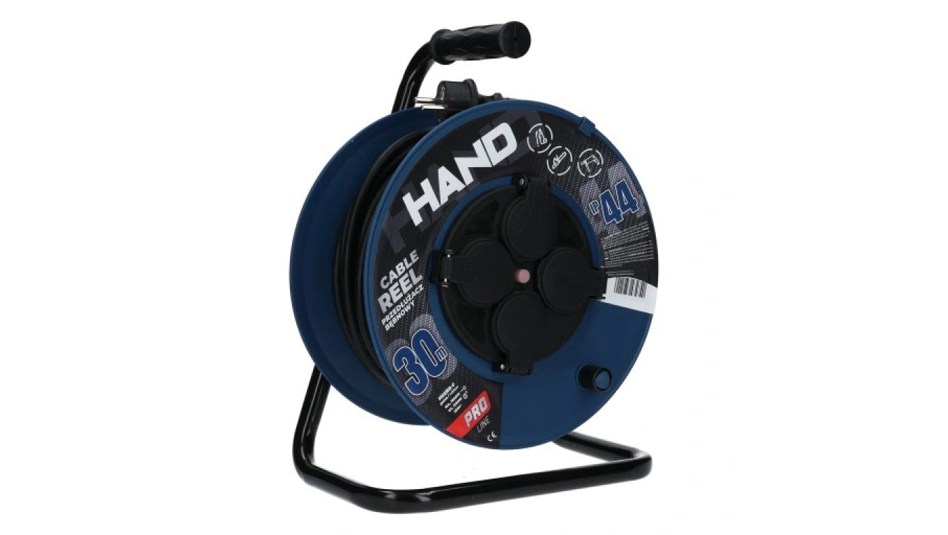 Przedłużacz budowlany zwijany na bębnie Rozgałęźnik na 4 gniazda 2P+Z 230V IP44 na kablu OW 3x2,5mm2 30m HAND