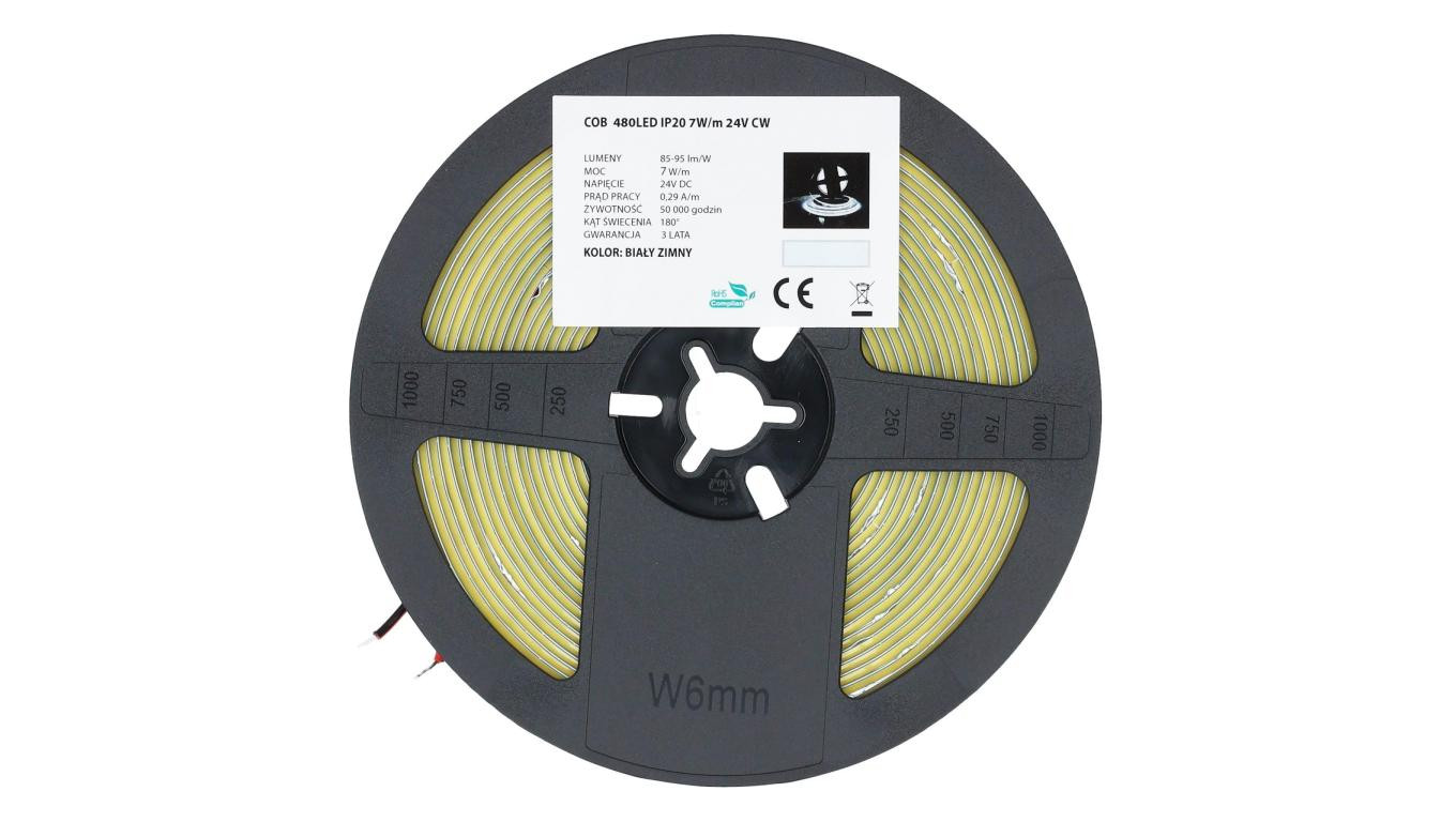Taśma 480x LED COB 2835 7W/mb biała zimna IP20 24V op=5m