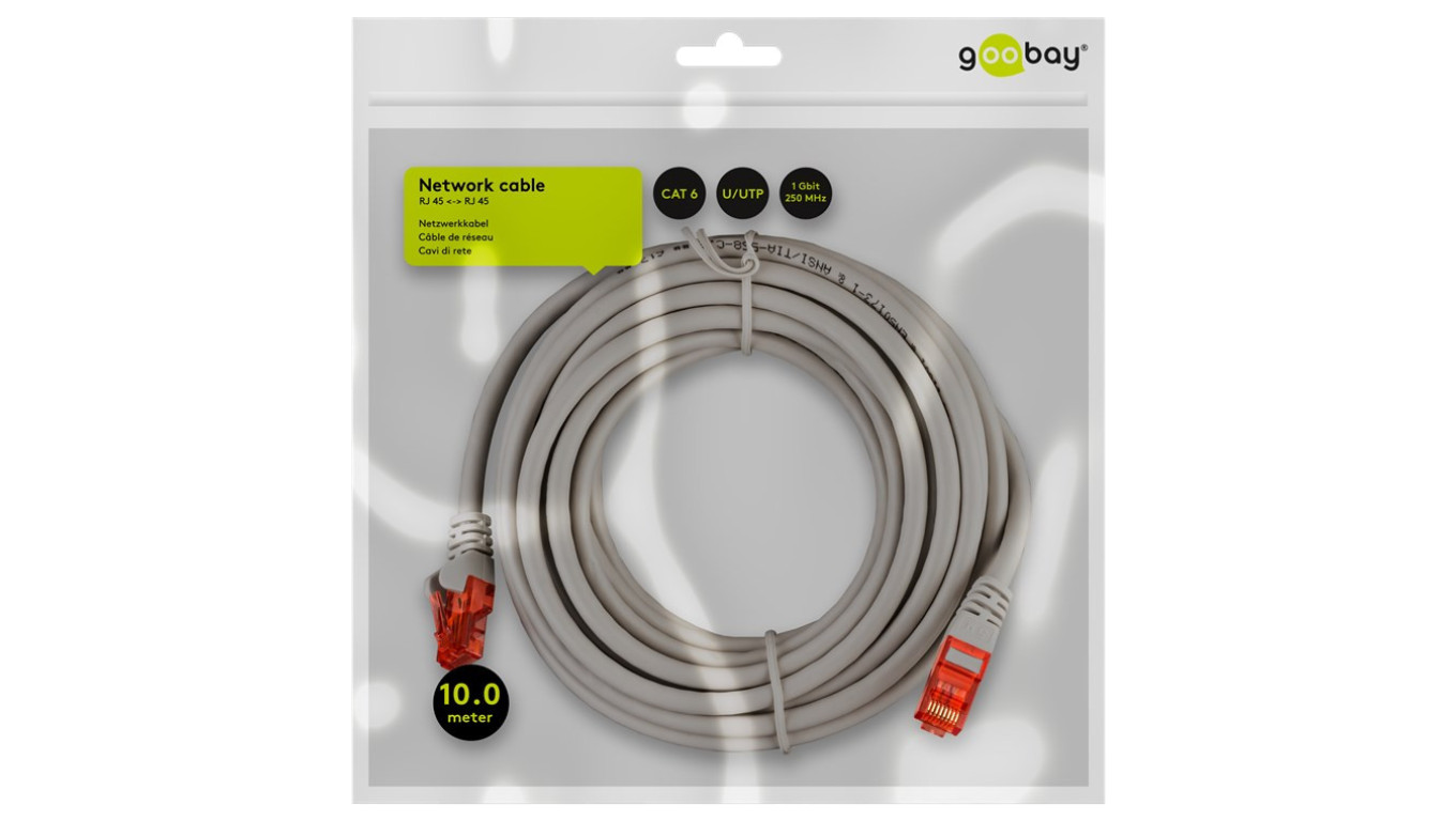 CAT 6Kabel łączący, U/UTP, Szary - Długość kabla 10 m