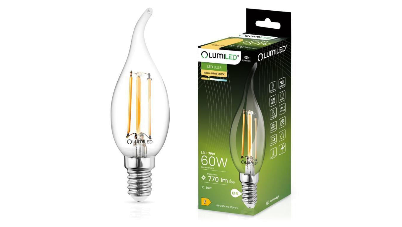 Żarówka LED Świeczka Dekoracyjna E14 BA35 7W = 60W 770lm 3000K Ciepła 360 Ozdobna Płomień Filament LUMILED
