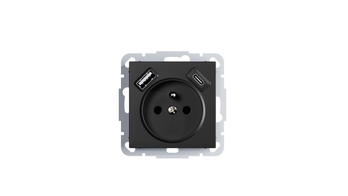 SANTRA gniazdo 2P+Z 2xUSB A+C zasilające bez ramki podtynkowe czarny 4192-19