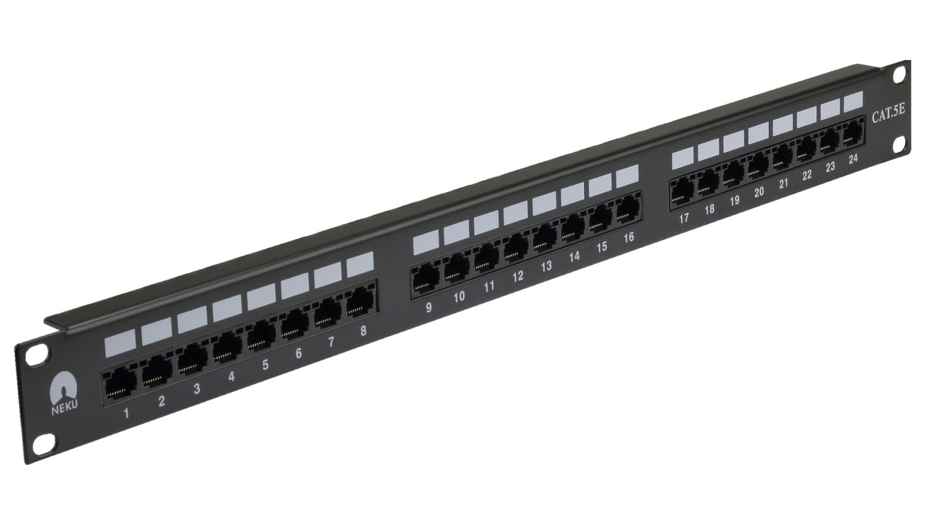 Patch panel RACK 19 kat.5e 24p UTP z półką 1U czarny NEKU