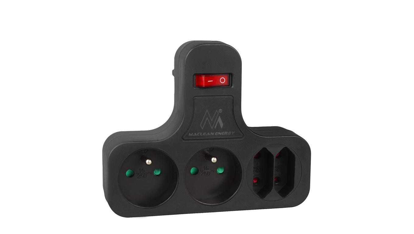 Gniazdko prądowe Maclean, Poczwórne z wyłącznikiem, nóżką stabilizującą, Typu E, 2x2,5A, 2x16A, MCE224 E/B