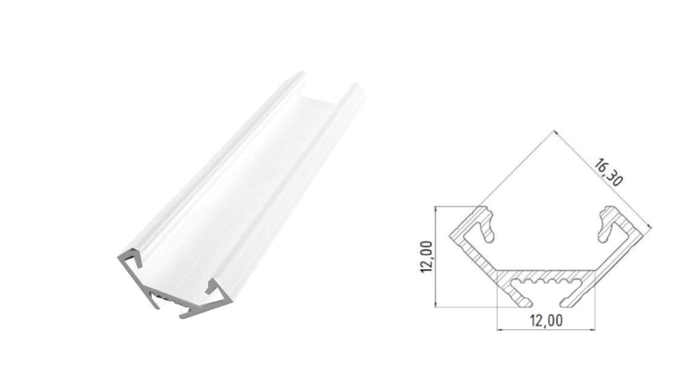 profil ALU katowy 45s biały lakier, dł 1000mm, max szer taśmy 12mm
